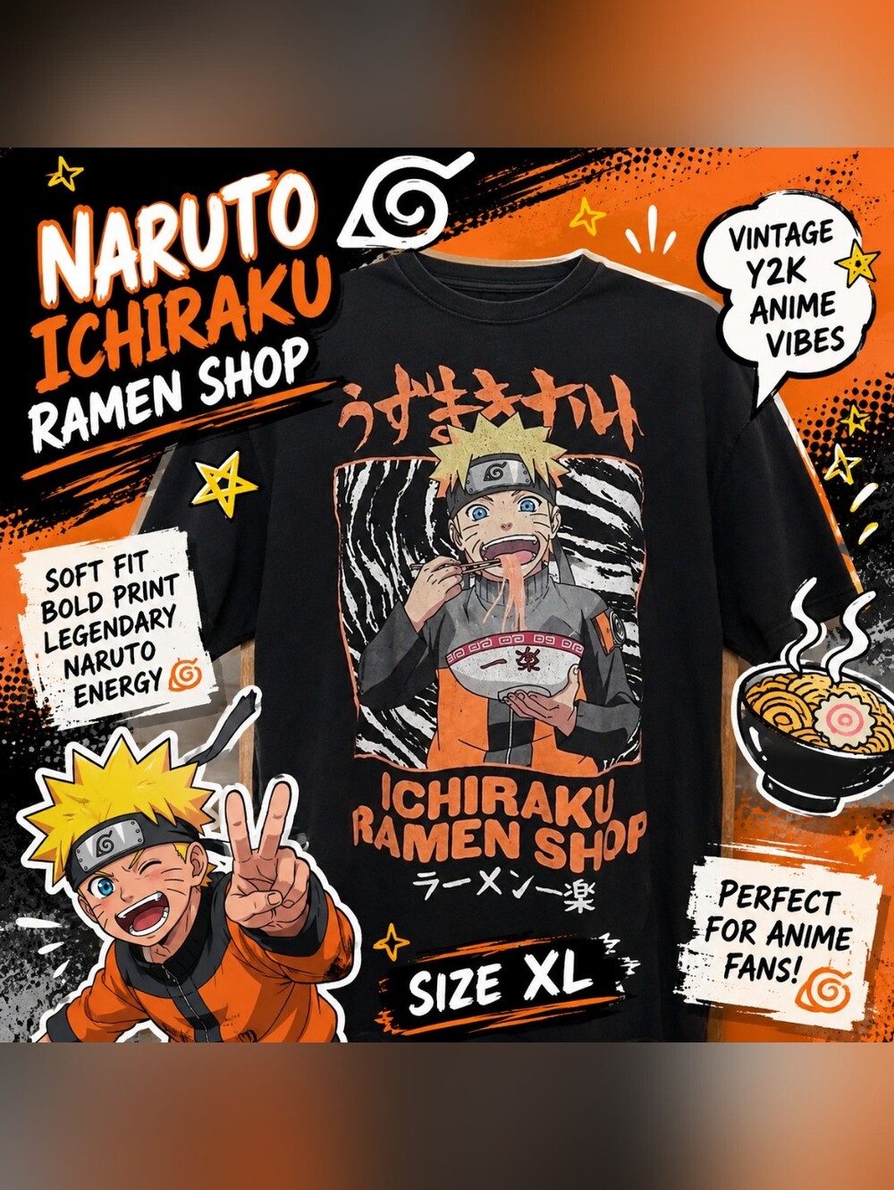 Naruto Shippuden Ichiraku Ramen Shop Black Graphic‎ T-Shirt Mens XL Viz Media